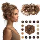 Rich Choices Human Hair Messy Bun Hair Piece, 100% Remy Human Hairs Bun HairPiece for Women,Chignon Fluffy Donut Updo,Hairpiece with Elastic Rubber Band Wavy #4P27 Medium Brown Mix Dark Blonde