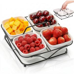 Pumtus Ceramic Divided Serving Dishes, 4 Removable Snack Bowls with Metal Stand, 9 Inch Appetizer Platter with Handle, Dip Bowls for Party, Condiment Serving Relish Tray for Chips & Dips, Nut, Candy