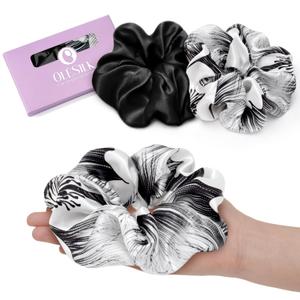OLESILK Silk Scrunchies Oversized 100% Mulberry: Large for Women& Girls Long Thick Hair, Soft Smooth for No Damage Hair Care Sleeping (1 Count (Pack of 2), Floral 01)