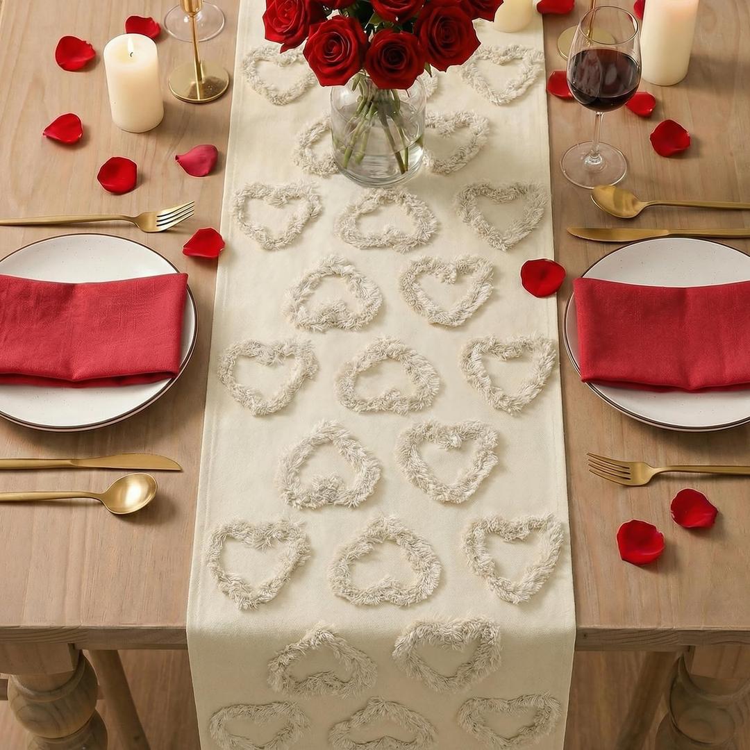 Artoid Mode Beige Soft Plush Heart Valentines Table Runner, Seasonal Partial Tufting Kitchen Dining Table Decoration for Home Party Decor 13x90 Inch