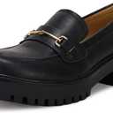 VETASTE Womens Lug Sole Platform Mid Chunky Heel Loafers Classic Round Toe Slip On Office Uniform Oxfords Shoes with Metal Chain (8, Black)