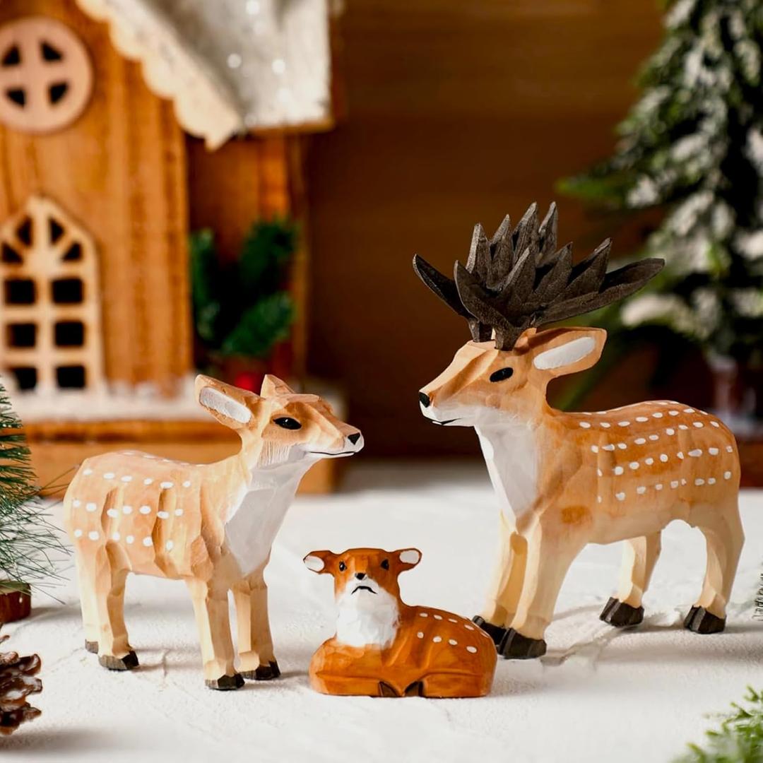 Wesiti 3 Pcs Christmas Reindeer Decorations Rustic Wooden Christmas Reindeer Figurine Deer Family Statues Set Holiday Tiered Tray Tabletop Decor for Home Office Party Supplies