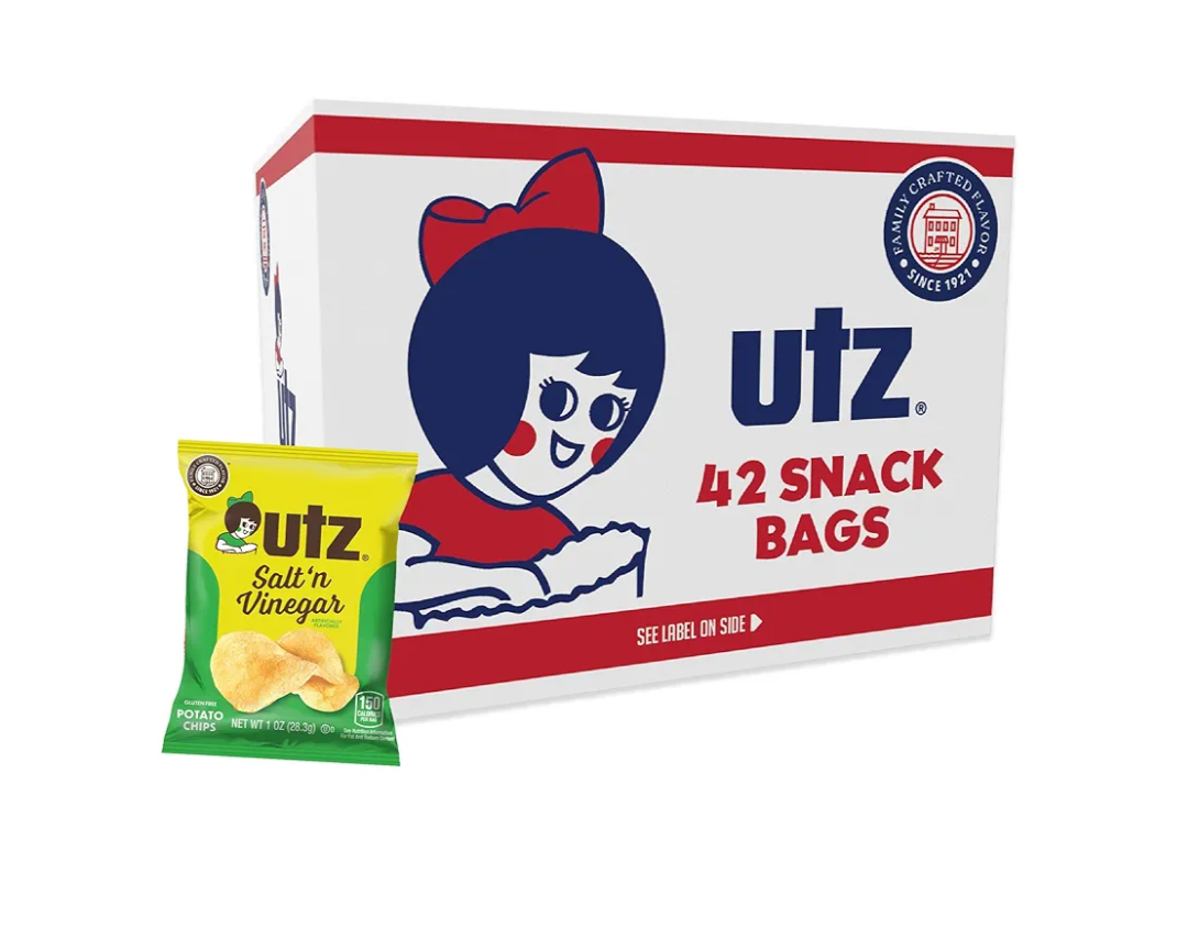 Utz Salt & Vinegar 1 oz. Bags, 42 Count Crispy Fresh Potato Chips, Crunchy Individual Snacks to Go, Cholesterol, Trans-Fat & Gluten Free, 06/28/2025