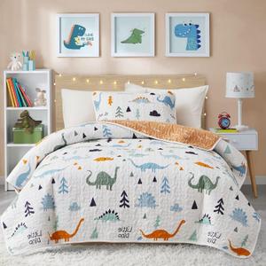 Joyreap 2-Piece Cotton Quilt Set Twin, Cute Dinosaur Reversible Design for Kids Boys n Girls, Breathable Skin-friendly Quilt Bedspread Bed Cover for All Season, 1 Quilt and 1 Pillow Sham- 68x86 inches