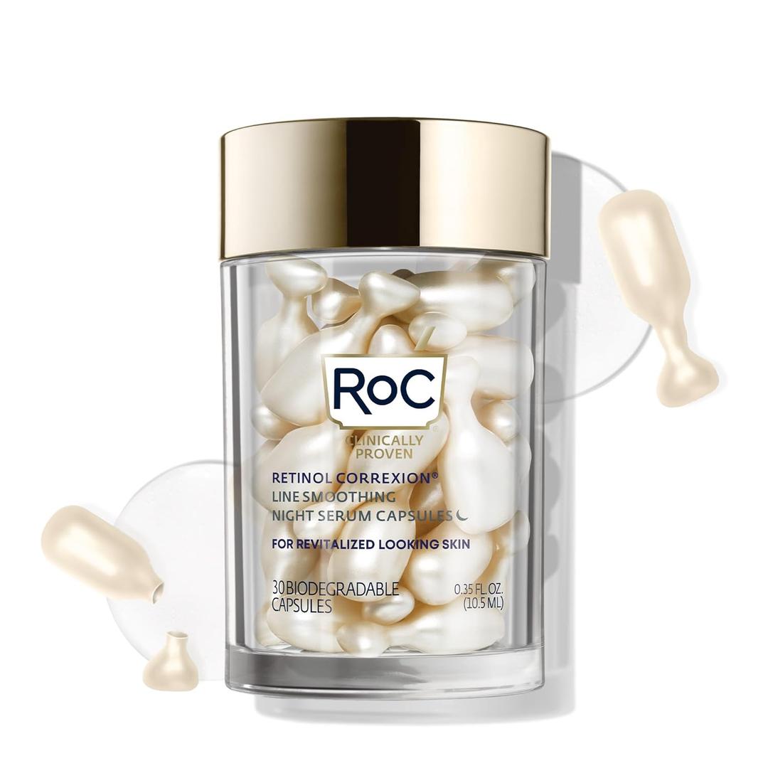 RoC Retinol Correxion Anti-Aging Wrinkle Night Serum, Retinol Serum for Face, Daily Treatment for Fine Lines, Post Acne Scars, 30 Capsules, Unscented, 0.35 Fl Oz