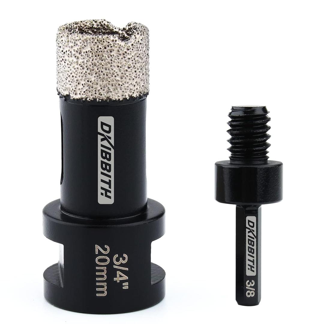DKIBBITH Dry Diamond Core Drill Bits 3/4 Inch Tile 20mm Vacuum Brazed Angle Grinder Hole Saw for Porcelain Ceramic Granite Brick Concrete with 5/8-11 Thread to 3/8'' Hex Shank Adapter, Black