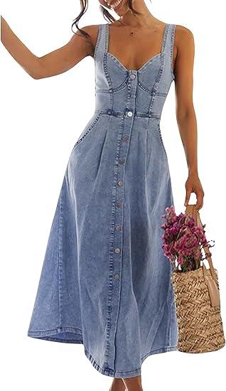utcoco Denim Dress for Women Sleeveless Button Down Slim Fit Midi Jean Dresses for Women L Blue
