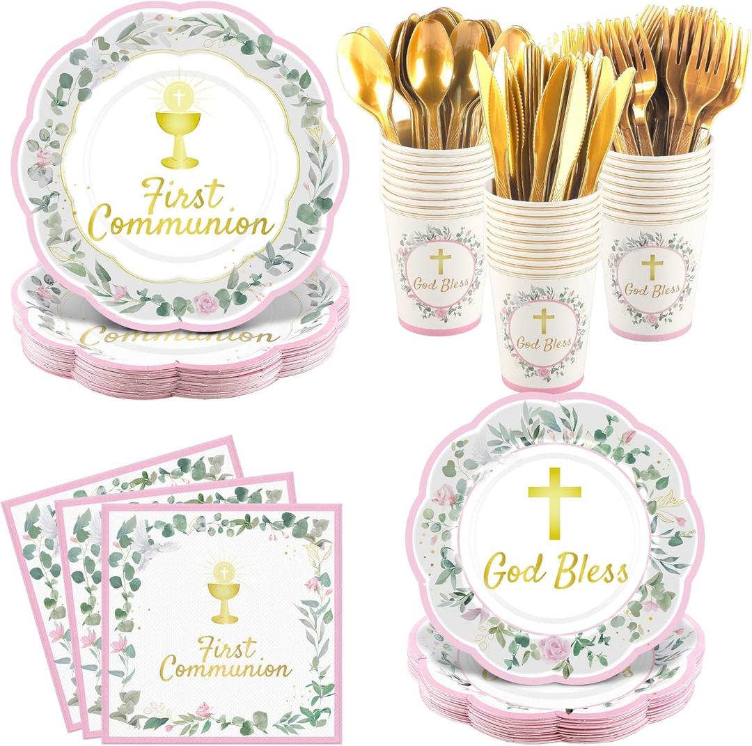 Kochorie 175 Pieces First Communion Decorations Disposable Pink First Communion Paper Plates and Napkins for Holy God Bless Party Supplies Baptism Christening Decoration, Serves 25 Guests