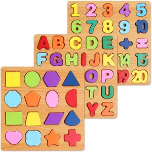 Alphabet Wooden Puzzles for Toddlers 3-5, Pack of 3 ABC, Number and Shape Puzzle, Preschool Educational Learning Toys with Puzzle Board & Letter Blocks for Girls Boys Ages 3 4 5 Years Old, Small
