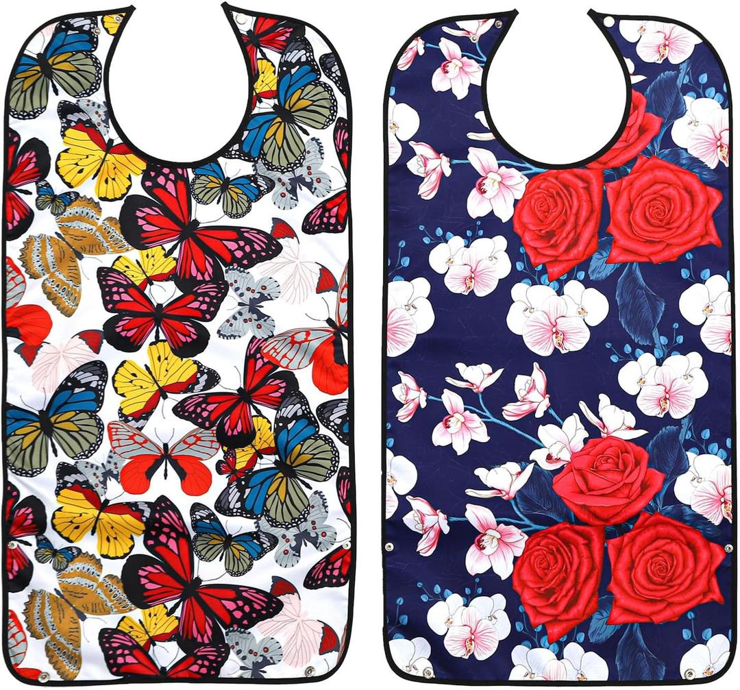 Pafusen 2 Pack Adult Bibs for Elderly Women, Reusable Large Adult Bibs for Eating with Snaps (Butterfly Rose Flower) 