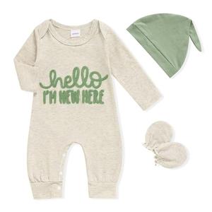 GRNSHTS Newborn Baby Boy Romper Coming Home Outfits Letter Print Bodysuit Jumpsuit+Hat+Gloves 3PCS Clothes Set (Oat, Newborn)