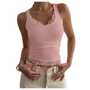 SOLY HUX Lace Camisole Tank Tops for Women Cute Trendy Lace Trim Coquette Going Out Crop Tops for Girls Solid Pink Large (Pink, L)