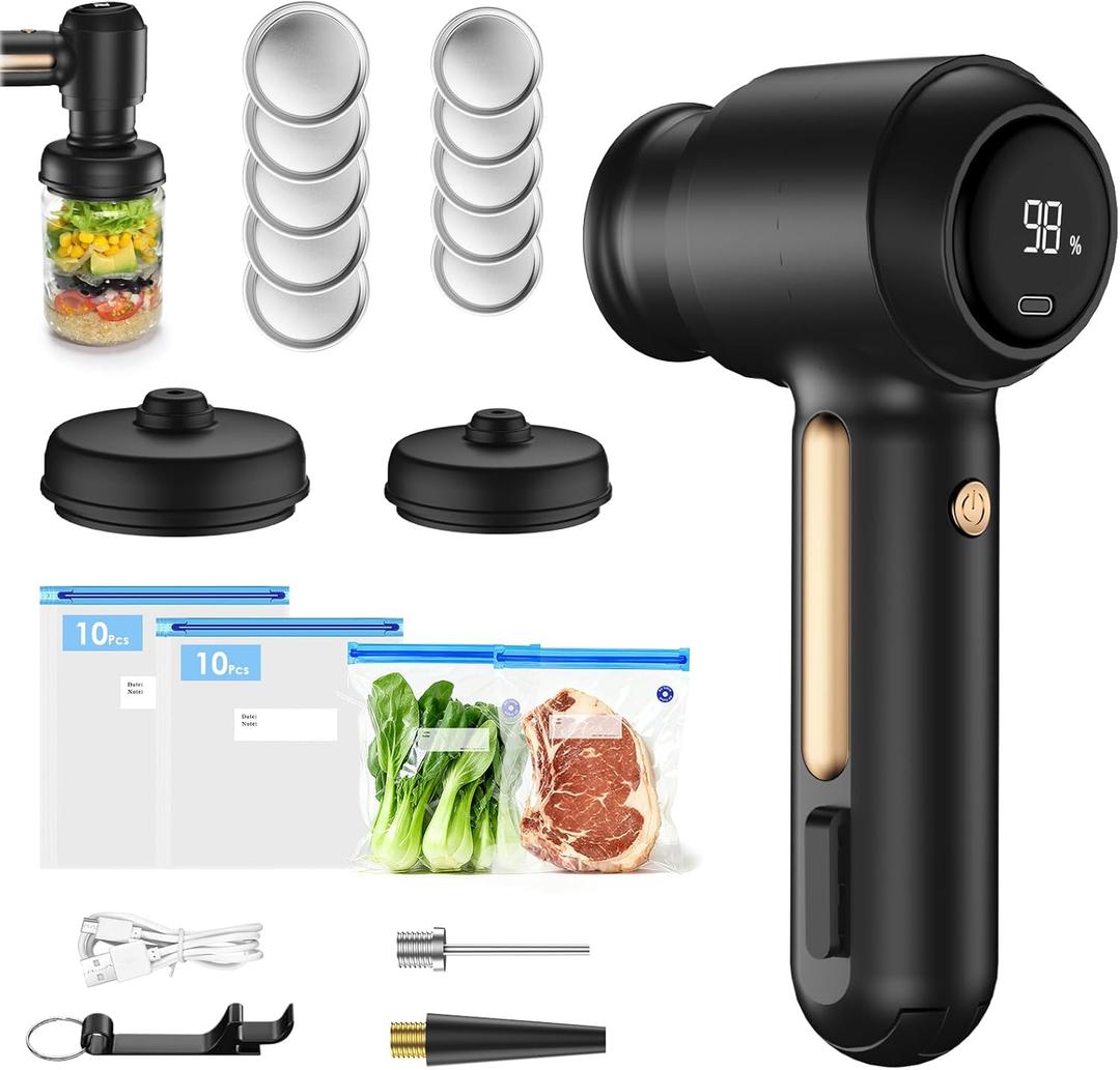 Electric Mason Jar Vacuum Sealer Kit with 20 Reusable Vacuum Bags, 10 Mason Lids, 3-in-1 Handheld Vacuum Sealer, Powerful Compact Vacuum Seal Machine, Portable Food Sealer, Ideal Gifts for Mom, Wife