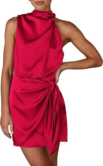 PRETTYGARDEN Women's Short Formal Satin Dress Summer Sleeveless Mock Neck Tie Waist Cocktail Party Dresses
 S