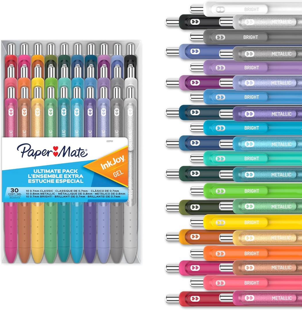 Paper Mate InkJoy Gel Pens Ultimate Pack,Retractable,Featuring Classic, Bright!, and Metallic Inks, Assorted, 30 Count - Perfect for Writing, Doodling, Bullet Journaling, Glitter, Sparkle, Writing Fun