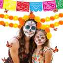 57pcs Day of The Dead Decor, 2 Marigold Garland, 20 Marigold Flowers, 18 Fake Butterfly, 9 Mexican Banner Papel Picado, 8 Skull for Indian Diwali Altar Dia De Los Muertos Decorations, Orange Yellow