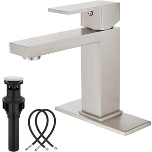Midanya Bathroom Faucets 1 Hole, Single Handle Stainless Steel Bathroom Sink Faucet, Modern Vanity Faucets with Deck Plate,Water Supply Hoses and Pop Up Drain,Brushed Nickel