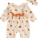 Halloween Baby Girl Outfit Infant Fall Clothes Long Sleeve Bubble Romper Pumpkin Bodysuit Jumpsuit with Headband (Newborn)
