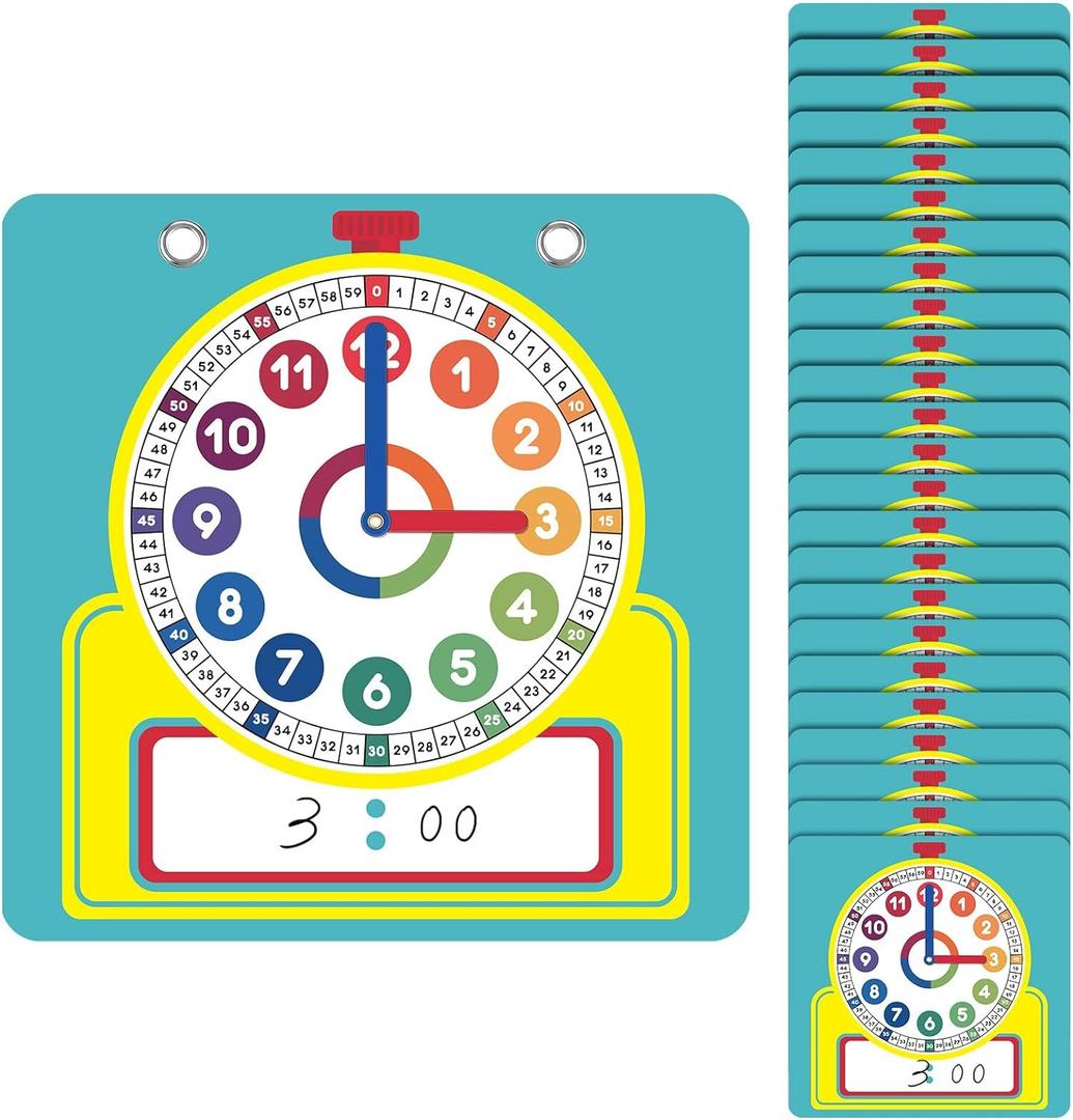 Junkin 25 Pcs Teaching Clock Kit, Learning Clocks for Kids Learning Time with Erasable Surface for Home School Classroom Supplies(Vivid Style)