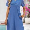 MEROKEETY Women's Summer Short Lace Sleeve T Shirt Dress Casual Crew Neck Pleated Front Shift Dresses (Blue, S)