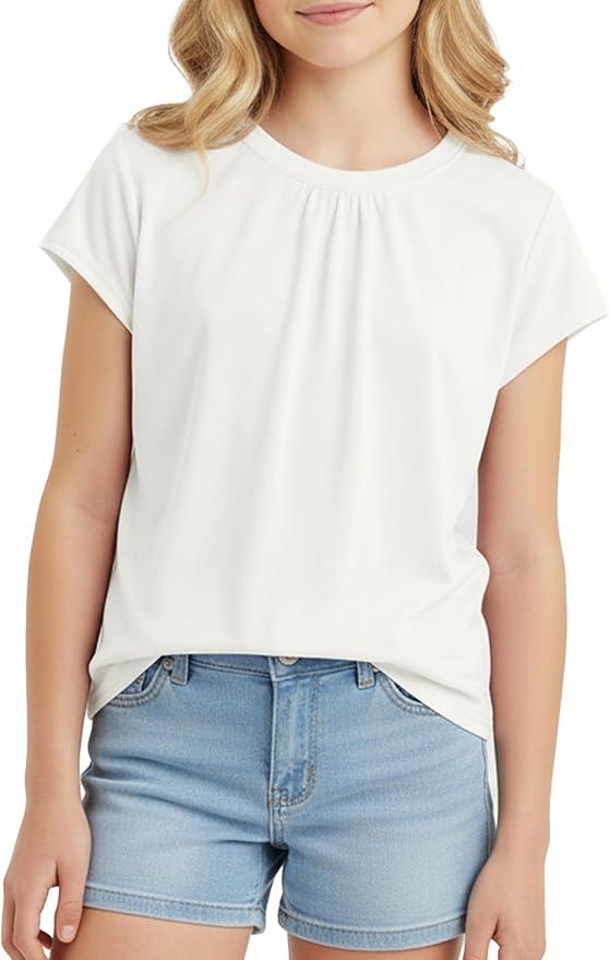 PATPAT Girls Pleated Short Sleeve T Shirt Summer Crewneck Plain Shirts Casual Fashion Preppy Tops Tees for Girl 15-16 Years
