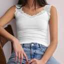 Women's V Neck Tank Top Sleeveless Lace Trim Slim Fit Basic Going Out Tops (White, L)
