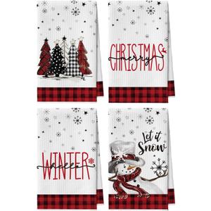 Artoid Mode Red Xmas Tree Snowman Merry Christmas Kitchen Towels, 18x26 Inch Quick Dry Microfiber Cloth Dish Towels for Kitchen Drying Set of 4