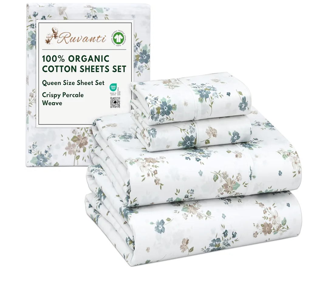 RUVANTI 100% Organic Cotton Sheets Queen Size, Percale Weave, GOTS Certified, 4-Piece Set, Deep Pocket 15", Crisp & Breathable, Soft Durable Bedding, Sábanas Algodón Orgánico – Halcyon