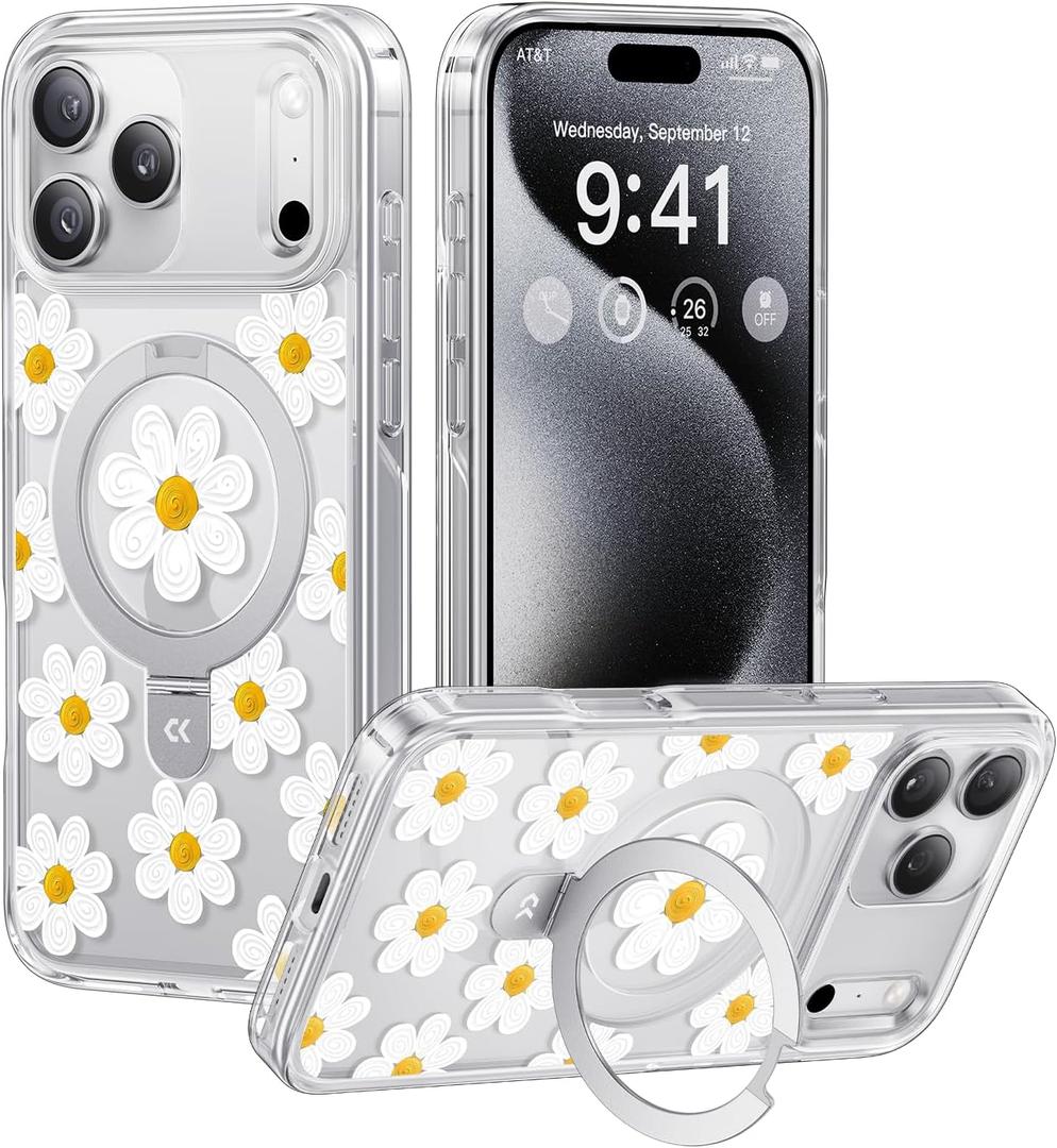CASEKOO Floral Series Oil Painting Daisy for iPhone 17 Pro Case with Magnetic Ring Stand [Compatible with MagSafe] [Military-Grade Protection] Fashion Clear Back, Soft Edge, for Women