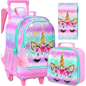 CCJPX 3Pcs Unicorn Rolling Backpack for Girls, 18" Kids Roller Wheels School Bookbag Set, Travel Wheeled School Bag for Toddler Elementary Children(Pink)