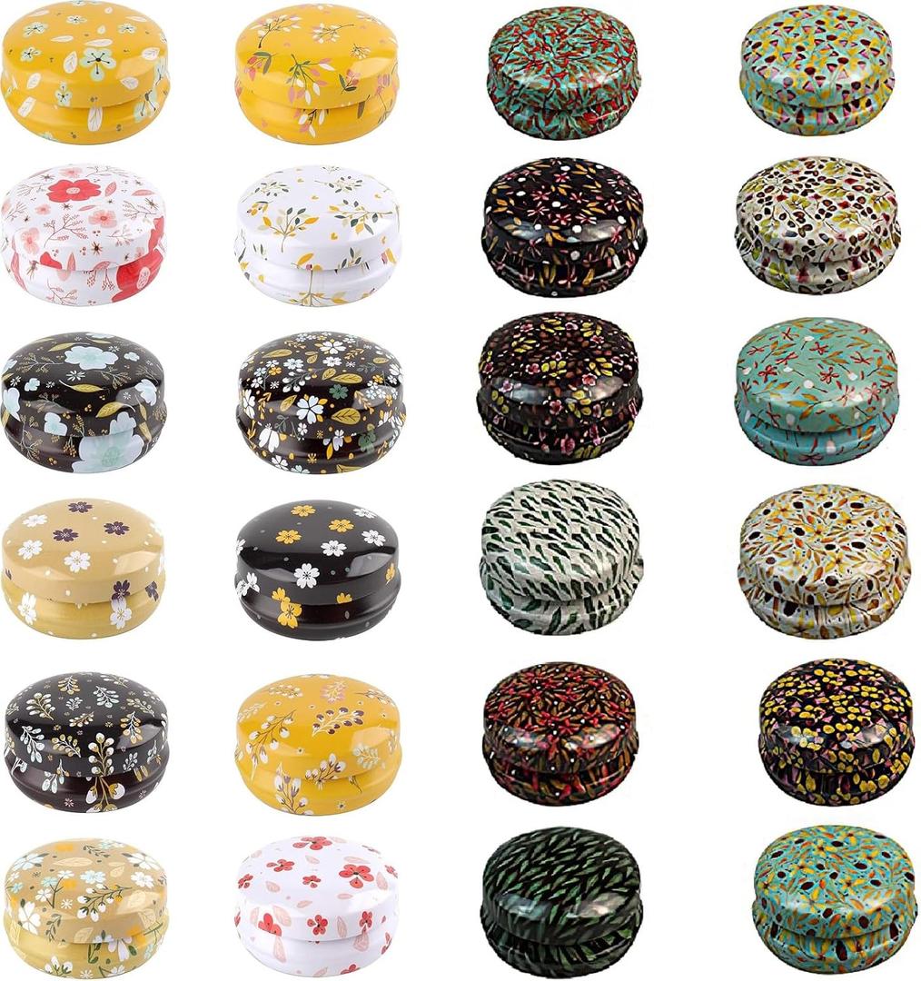 Rarapop 24 Pack Reusable Mini Round Tinplate Candle Tin Jars with Lids, 20ml Small Flower Travel Tin Cans Refillable Empty Container Bottle for Lip Balm, Salve, Eye Shadow, Powder