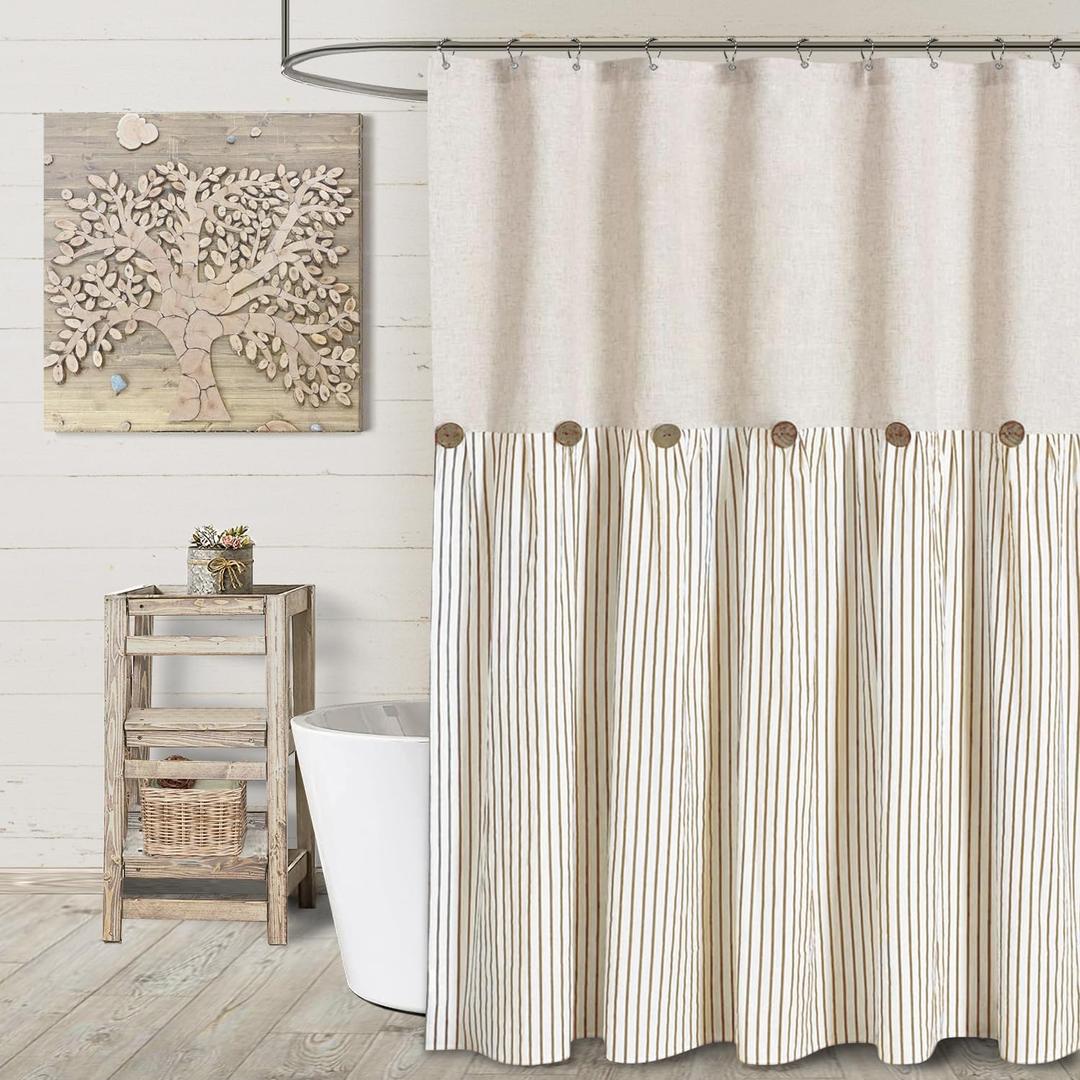 Awellife Farmhouse Beige Shower Curtain Button Linen Textured Woven Fabric,Pleated Beige Stripe,Country Style,72x72 Inch