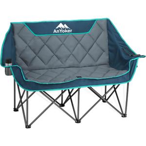 Camping Oversized Folding Chair, Fully Padded Loveseat for 2 Person Portable Double Seat Camp Beach Arm Chair with Cup Holder and Cooler Pouch Camping Couch with Carry BagBlue-Grey