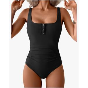 B2prity One Piece Swimsuit for Women Tummy Control Ruched Slimming Bathing Suit Button Full Coverage Swimwear M