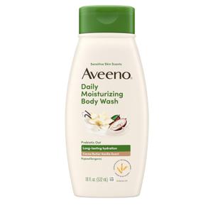 Aveeno Daily Moisturizing Body Wash with A Cocoa Butter Vanilla Scent & Soothing Prebiotic Oat, Provides Long-Lasting Hydration for Sensitive Skin, Hypoallergenic, Paraben-Free, 18 fl. oz