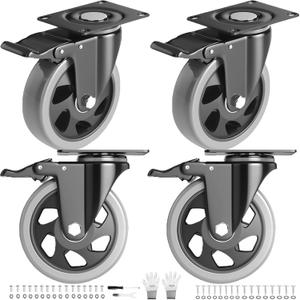 4 Inch Caster Wheels Heavy Duty 2200Lbs, Casters Set of 4 with Safety Dual Locking, Swivel Industrial Plate Casters, No Noise Wheels for Cart, Furniture(Bonus of 2 Hardware Kits & Gloves)