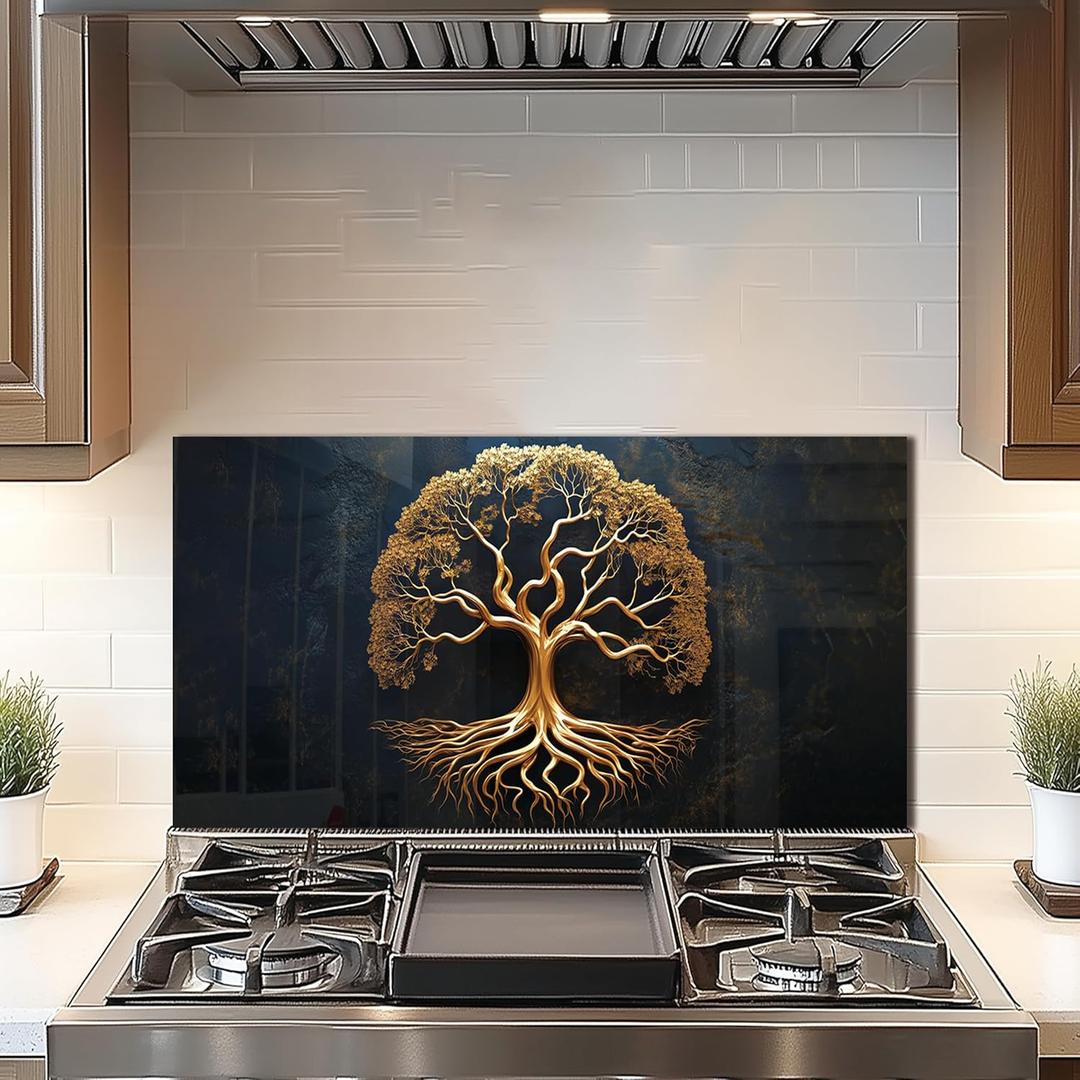 DAIFURONGE Tempered Glass Backsplash for Kitchen, Tree of Life Art Stove Backsplash Protector - Easy to Clean Wall Decor (Art Deco 1, 30"x16"(76.2x40.64cm))