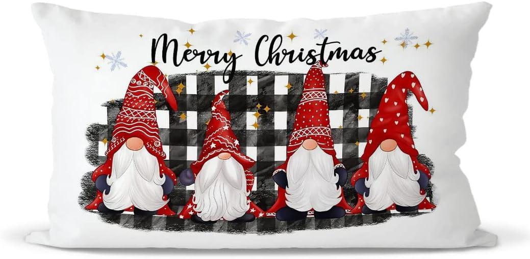 Merry Christmas Santa Gnomes Black And White Buffalo Plaid Throw Pillow Covers,Home Bedroom Living Room Girls Room Decor Christmas Winter Holiday Pillow Case,Christmas Xmas Gift,12x20 Inch Pillowcase