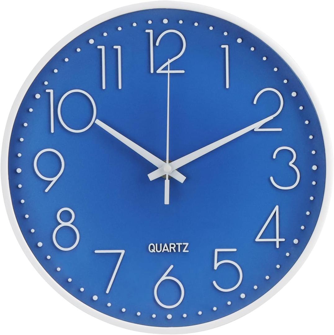 Wall Clock Non-Ticking Silent Modern Simple Style Round Decor Clock Stereoscopic Dial Quartz Wall Clocks for Home/Office/School/Living Room/Bedroom/Kitchen (Dark Blue, 10 Inch)