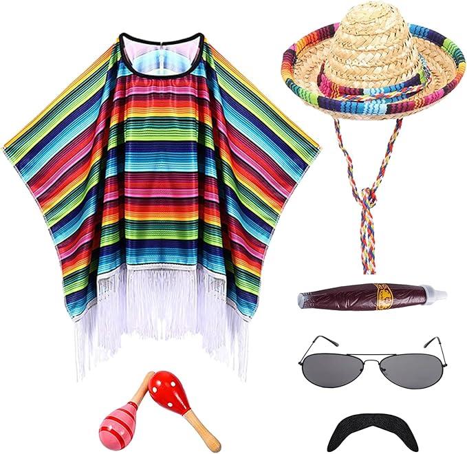 Mexican Party Costume Set Include Mexican Serape Poncho Sombrero Sunglasses Mustache