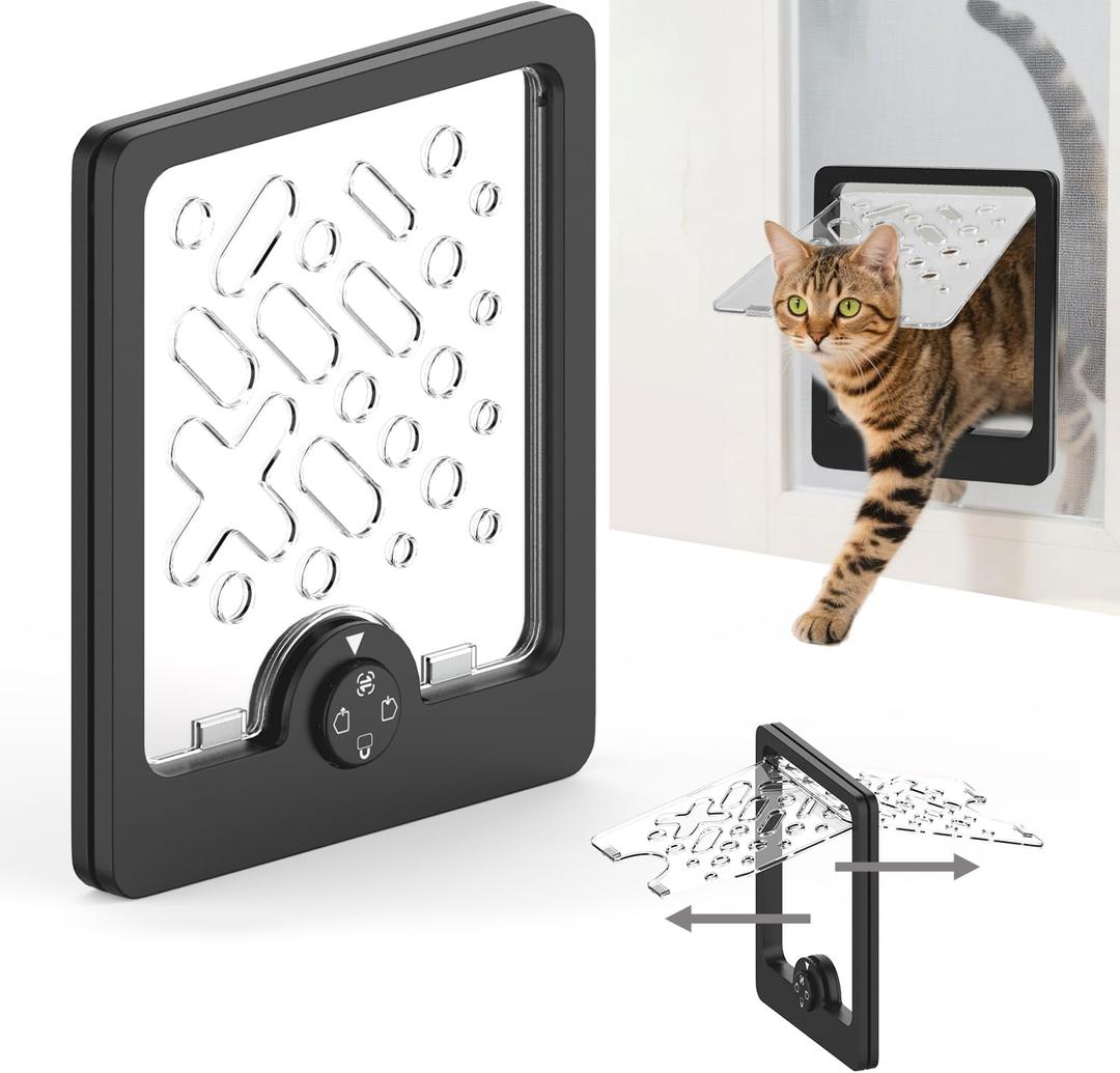 4-Way Locking Cat Door for Thin Materials - Adjustable Pet Door Flap fits Screens, Boxes & Carriers, 8x12 Inch Small Door for Crates, Litter Box Enclosures & DIY Pet Rooms (New Box)