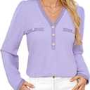 Triratna Elegant Tops for Women: V Neck Decor Gold Button Tweed Tops - Long Sleeve Shirts for Women Fall - Womens Blouses Dressy Casual Holiday Party Winter Christmas Shirts Classy Light Purple L (Purple, L)