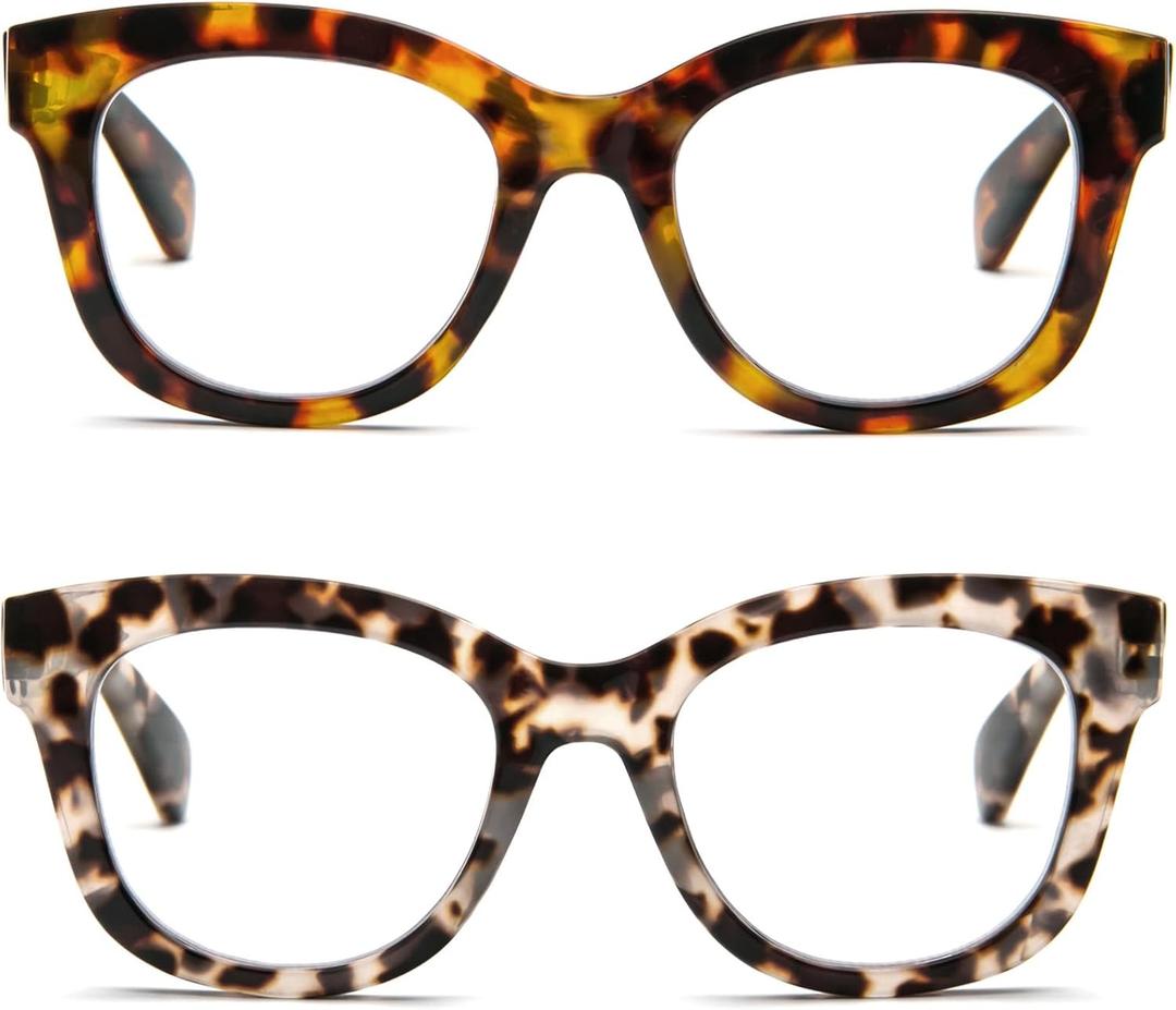 REAVEE 2 Pack Retro Oversized Reading Glasses for Women Men, Blue Light Blocking Computer Readers Stylish Spring Hinge, Magnification Strength: 1.0 x (Leopard, Grey Leopard)