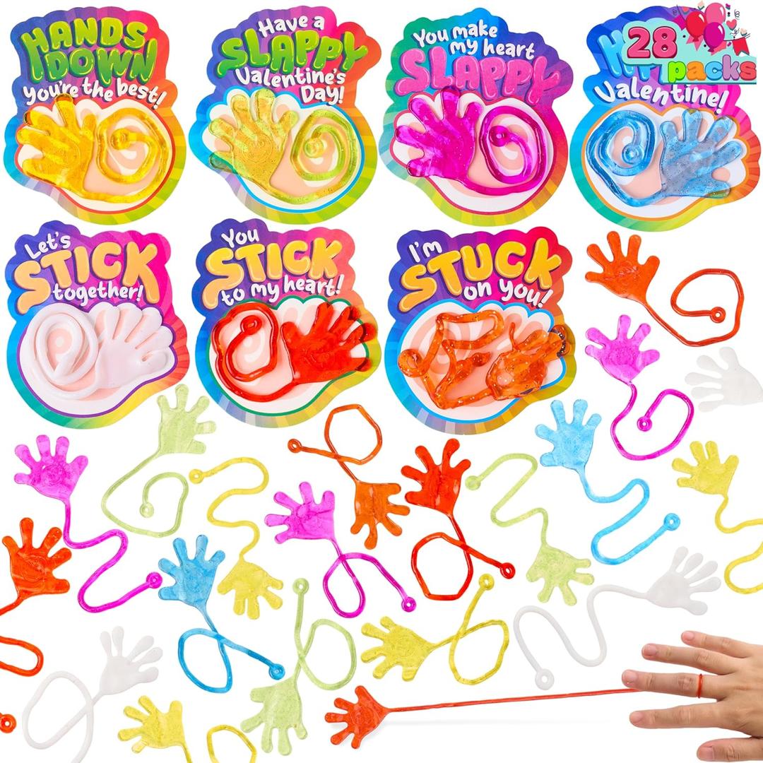 JOYIN 28 Pack Valentine's Day Sticky Hands with Cards, Classroom Exchange Gift for Kids, Classroom and Holiday Reward Prizes, Party Favors, Valentine Greeting Cards
