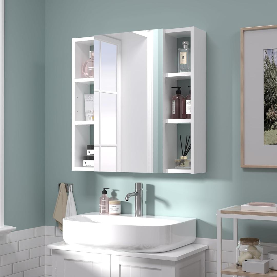 Bathroom Cabinet with Mirror, Wall Cabinet with 2 Mirrored Doors, Adjustable Shelf, Open Compartment, Wall-Mounted, 24x24 Inches, White (Assembly Required), W24 x H24 - 1 Door