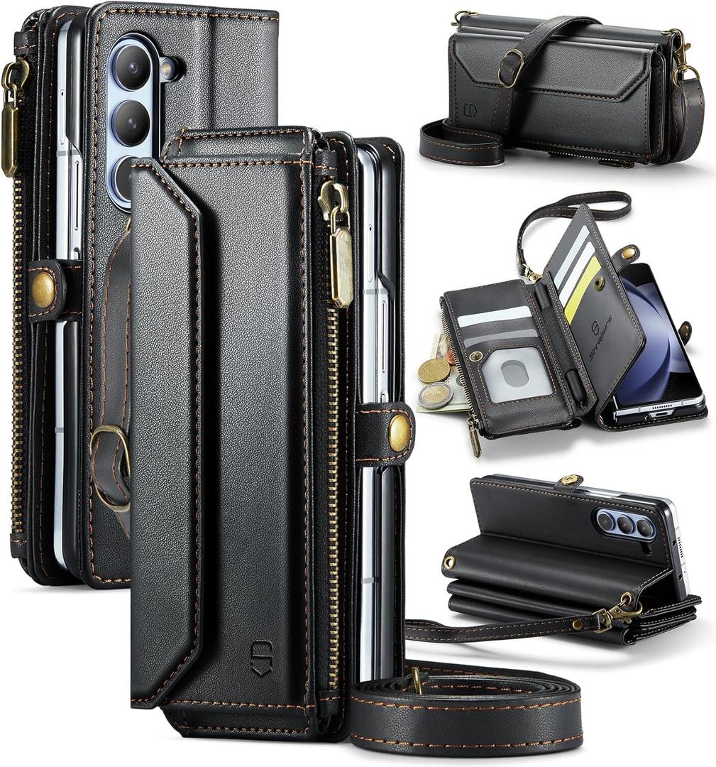 Crossbody Wallet Case Compatible with Samsung Galaxy Z Fold 5 with RFID Blocking Card Holder & Pen Holder Slot Soft PU Leather Shoulder Strap Zipper Pocket Purse Fold 5 Phone Case, Black