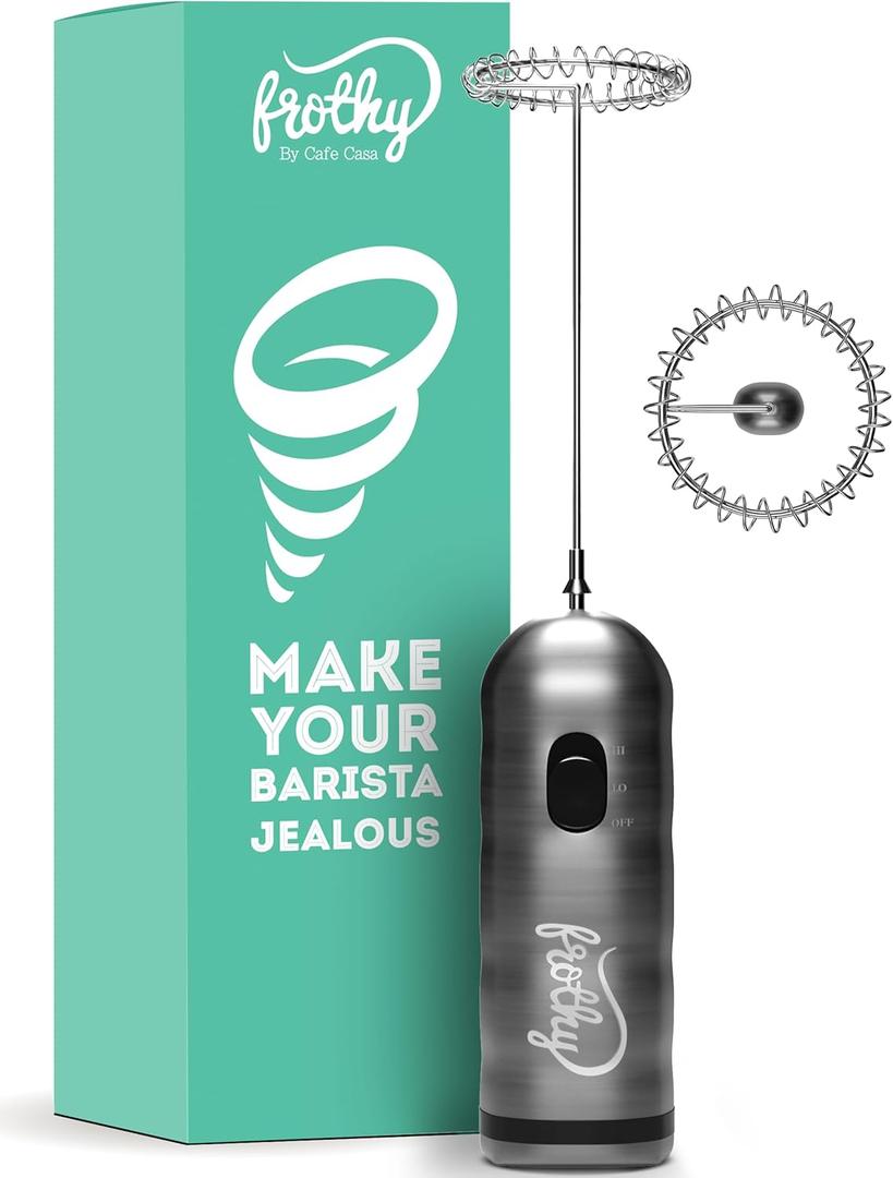 Caf Casa Milk Frother for Coffee - 2 Speed Handheld, Battery Operated, Stainless Steel Drink Mixer & Mini Foam Maker - Electric Whisk for Coffee, Lattes, Hot Chocolate, and Shakes