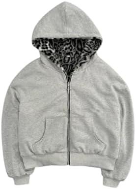 Ponitrack Vintage Leopard Print Jacket Y2k Reversible Zip Up Jacket Baggy Long Sleeve Hoodie Grunge Streetwear Unisex (Grey,Medium)