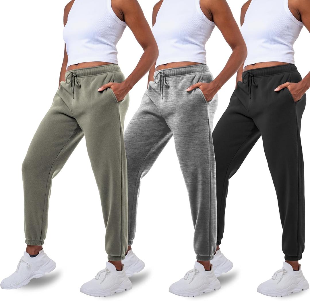 Common Stitch 3 Pack Sweatpants Women, Comfortable Womens Sweatpants, Fleece Womens Elastic Cuff Joggers (Medium, Black / Med. Heather Grey / Olive)
