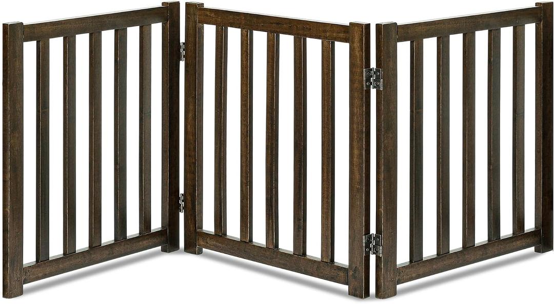 LZRS Solid Hard Wood Freestanding Pet Gate, 3 Panel 24" - Walnut, Oak Wood, for Doorways, Stairs & House, Easy to Assemble & Store, Latch Closure